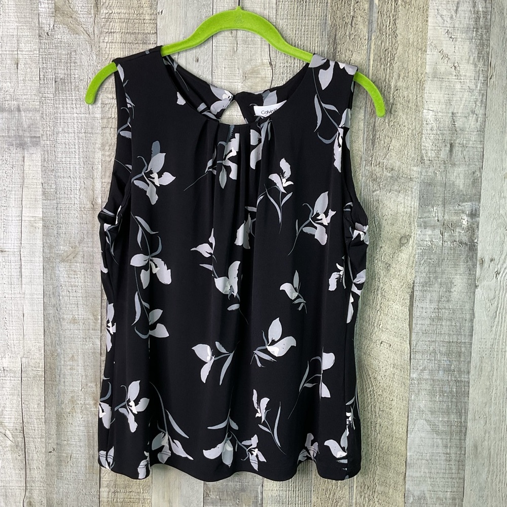 Calvin Klein PXL Floral Pleated Neck Sleeveless Top Back Button Keyhole Closure - Picture 2 of 8